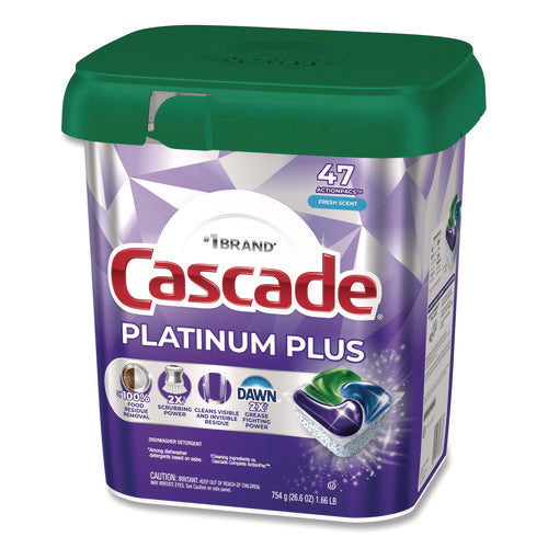 Image of Cascade® Platinum Plus ActionPacs Dishwasher Detergent Pods, Fresh Scent, 26.6 oz Tub, 47/Tub, 3 Tubs/Carton