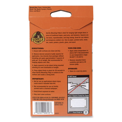 Image of Gorilla® Removable Mounting Putty, Repositionable and Reusable, 2 oz, 84 Squares/Pack