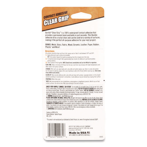 Image of Gorilla® Clear Grip Contact Adhesive, 3 oz Tube, Dries Clear