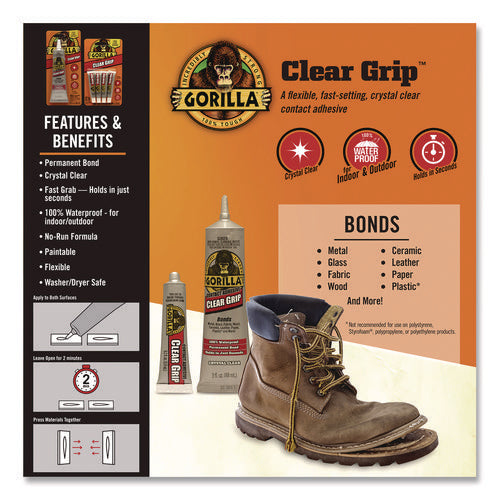 Image of Gorilla® Clear Grip Contact Adhesive, 3 oz Tube, Dries Clear
