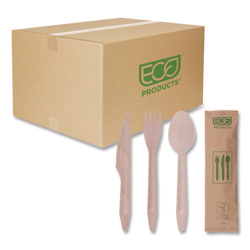 Image of Eco-Products® Wood Cutlery, General Purpose, Fork/Knife/Napkin/Spoon, Natural, 500/Carton