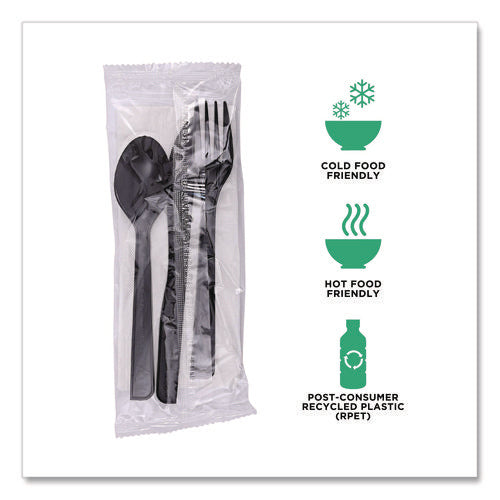 Image of Eco-Products® 100% Recycled Content Cutlery Kit, Heavyweight Fork/Knife/Soup Spoon/Spoon, Plastic, Black, 250/Carton