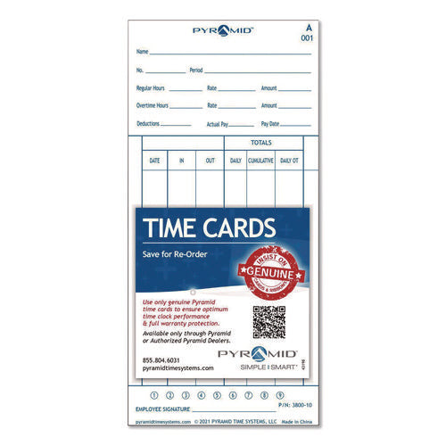 Image of Pyramid Technologies Time Cards for 3800 Time Clock, 100/Pack