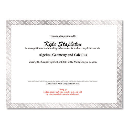 Image of Great Papers!® Foil Border Certificates, 8.5 X 11, Ivory/silver, Braided With Silver Border, 15/pack