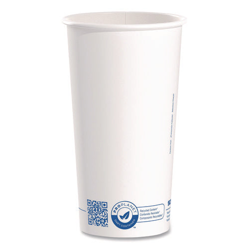 Image of SOLO® Recycled Content PCF Paper Hot Cups, ProPlanet Seal, 20 oz, White/Blue, 600/Carton