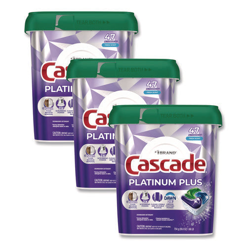 Image of Cascade® Platinum Plus ActionPacs Dishwasher Detergent Pods, Fresh Scent, 26.6 oz Tub, 47/Tub, 3 Tubs/Carton