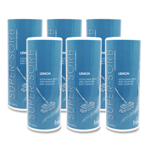 Image of Fresh Products Super-Sorb Liquid Spill Absorbent, Lemon Scent, 720 oz Absorbing Volume, 12 oz Shaker Can, 6/Box