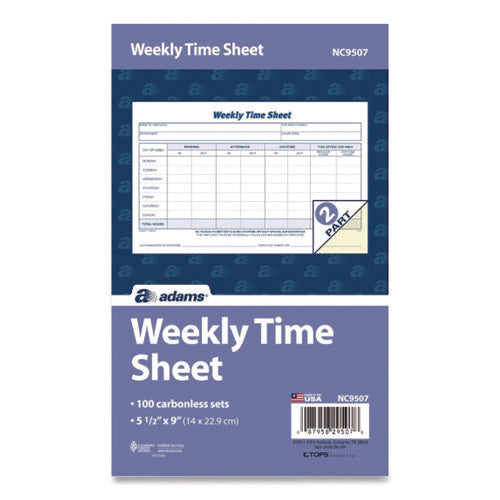 Image of Adams® Weekly Time Sheets, One Part (No Copies), 8.5 x 5.5, 100 Forms/Pad, 2 Pads/Pack