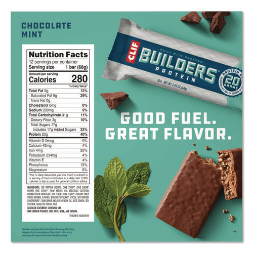 Image of CLIF® Bar Builders Protein Bar, Chocolate Mint, 2.4 Oz Bar, 12 Bars/box