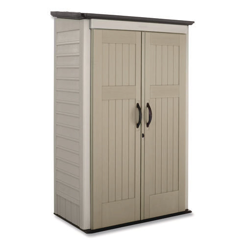 Image of Rubbermaid® Vertical Storage Shed, 53 cu ft, 2.5 ft x 4 ft x 7 ft, Sandstone/Faint Maple