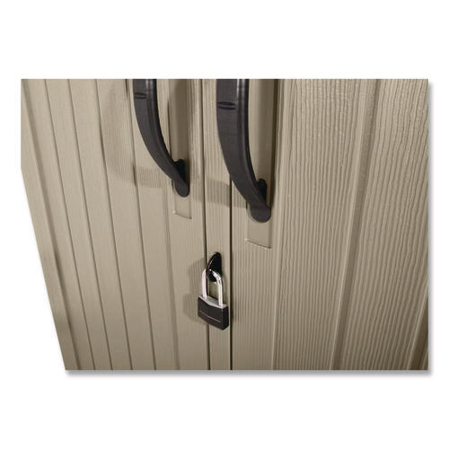 Image of Rubbermaid® Vertical Storage Shed, 53 cu ft, 2.5 ft x 4 ft x 7 ft, Sandstone/Faint Maple