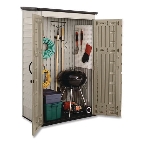 Image of Rubbermaid® Vertical Storage Shed, 53 cu ft, 2.5 ft x 4 ft x 7 ft, Sandstone/Faint Maple