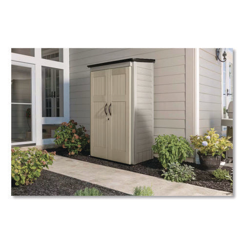 Image of Rubbermaid® Vertical Storage Shed, 53 cu ft, 2.5 ft x 4 ft x 7 ft, Sandstone/Faint Maple