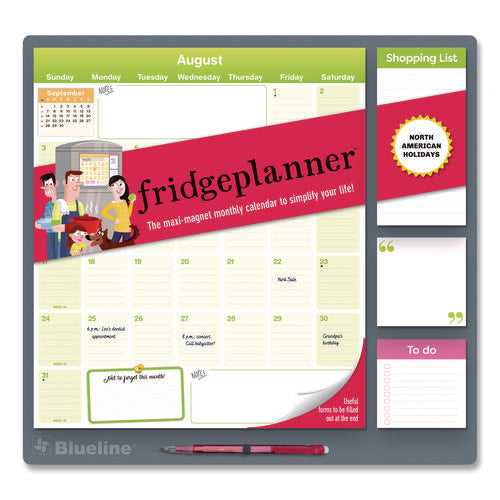 Image of Blueline® Fridge Planner Magnetized Monthly Calendar with Pads + Pencil, 14 x 13.5, Yellow/Green Sheets, 17-Month: Aug 2024 to Dec 2025