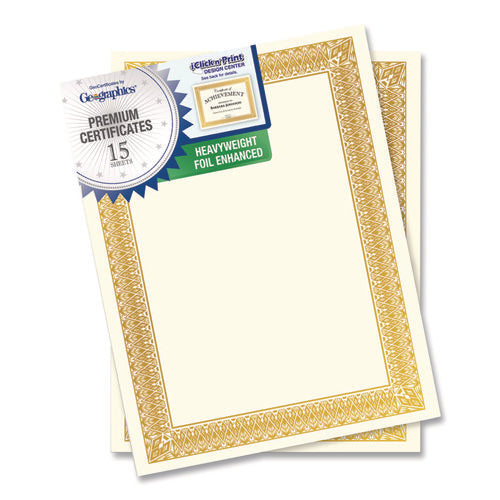 Image of Geographics® Award Certificates, 8.5 x 11, Ivory with Elegant Gold Border, 15/Pack