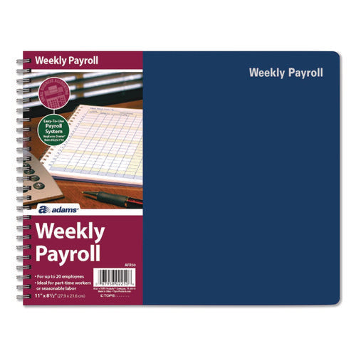 Image of Adams® Weekly Payroll Record Book for 20 Employees, Two-Page Spread: 36 Columns, Royal Blue Cover, 8.5 x 11 Sheets, 56 Sheets/Book