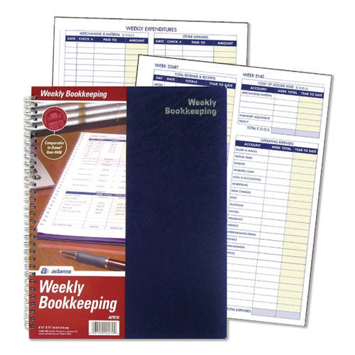 Image of Adams® Weekly Bookkeeping Ledger, Columns Vary By Section, Royal Blue Cover, 11 x 8.5 Sheets, 56 Sheets/Book