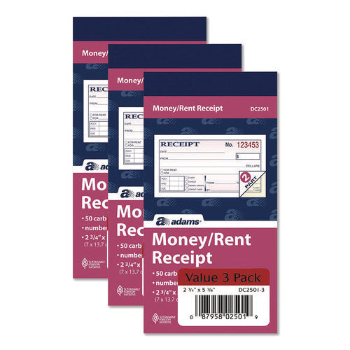 Image of Adams® Money/Rent Receipt Book, Two-Part Carbonless, 4.88 x 2.75, 50 Receipts/Book, 3 Books/Pack