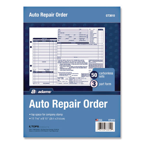 Image of Adams® Multipart Auto Repair Work Order Forms, Three-Part Carbonless, 8.5 x 6.94, 50 Forms Total