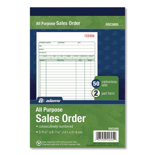 Image of Adams® Multipart General-Purpose Sales Pad, Two-Part Carbonless, 5.56 x 7.94, 50 Forms Total