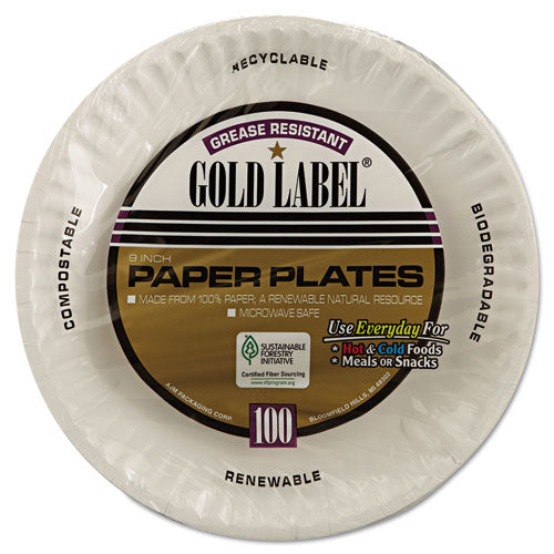 Image of AJM Packaging Corporation Gold Label Coated Paper Plates, 9" Dia, White, 100/pack, 10 Packs/carton