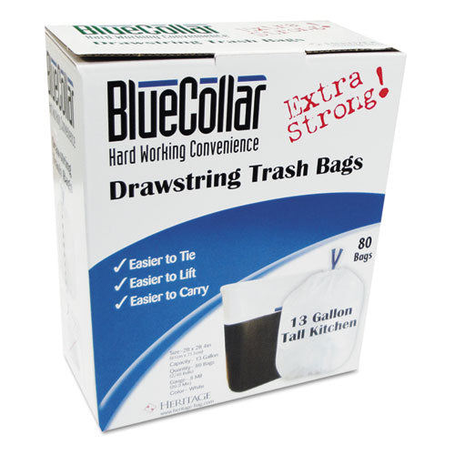 Image of BlueCollar Drawstring Trash Bags, Drawstring, 13 gal, 24" x 28", White, 40 Bags/Roll, 2 Rolls/Box