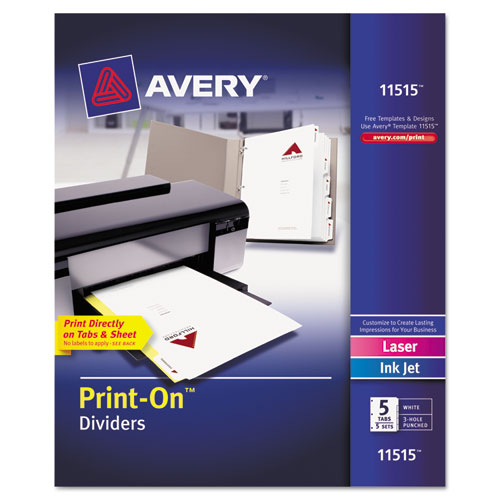 Image of Avery® Customizable Print-On Dividers, 3-Hole Punched, 5-Tab, 11 x 8.5, White, 5 Sets
