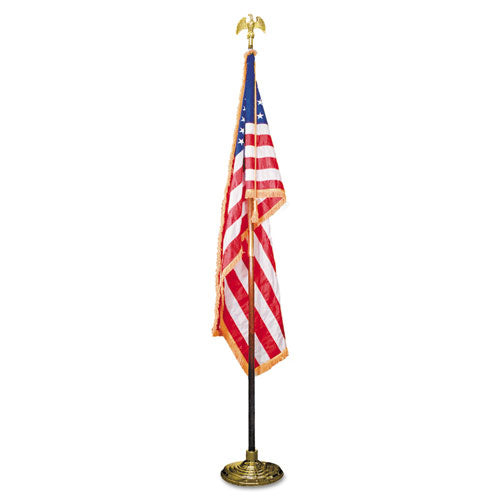 Image of Advantus Deluxe U.S. Flag and Staff Set, 60" x 36" Flag, 8 ft Oak Staff, 2" Gold Fringe, 7" Goldtone Eagle, Heavyweight Nylon