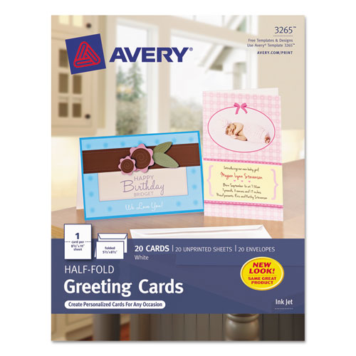 Image of Avery® Half-Fold Greeting Cards with Matching Envelopes, Inkjet, 85 lb, 5.5 x 8.5, Matte White, 1 Card/Sheet, 20 Sheets/Box