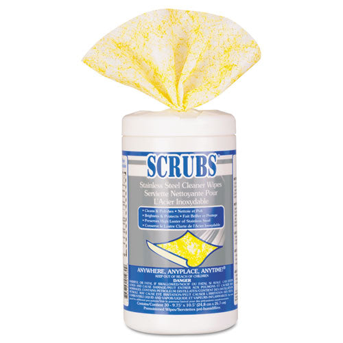 Image of SCRUBS® Stainless Steel Cleaner Towels, 1-Ply, 9.75 x 10.5, Lemon Scent, 30/Canister