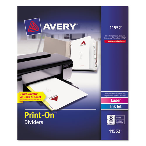 Image of Avery® Customizable Print-On Dividers, 3-Hole Punched, 8-Tab, 11 x 8.5, White, 5 Sets