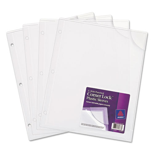 Image of Avery® Three-Hole Punched Corner Lock Plastic Sleeves, 9.5 x 11.75, Clear, 4/Pack
