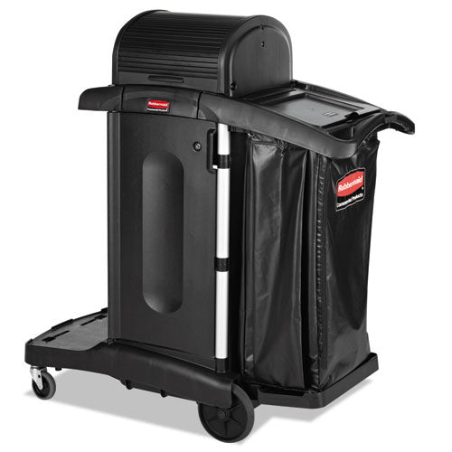 Image of Rubbermaid® Commercial Executive High Security Janitorial Cleaning Cart, Plastic, 4 Shelves, 1 Bin, 23.1" x 39.6" x 27.5", Black