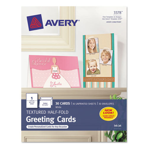Image of Avery® Half-Fold Greeting Cards with Envelopes, Inkjet, 65 lb, 5.5 x 8.5, Textured Uncoated White, 1 Card/Sheet, 30 Sheets/Box