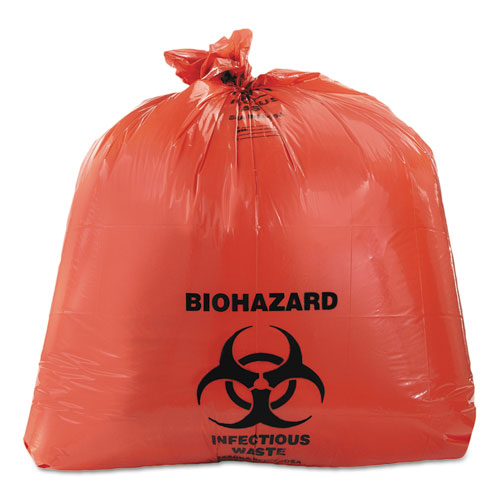 Image of Heritage Healthcare Biohazard Printed Can Liners, Biohazard Infectious Waste, 45 gal, 3 mil, 40" x 46", Red, Flat Pack, 75/Carton