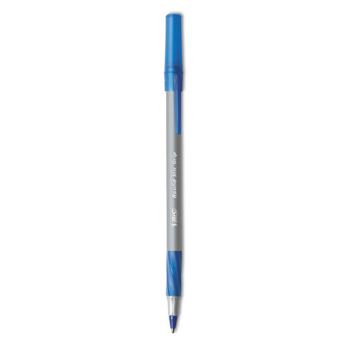 Image of BIC® Round Stic Grip Xtra Comfort Ballpoint Pen, Easy-Glide System, Stick, Medium 1.2 mm, Blue Ink, Gray/Blue Barrel, Dozen