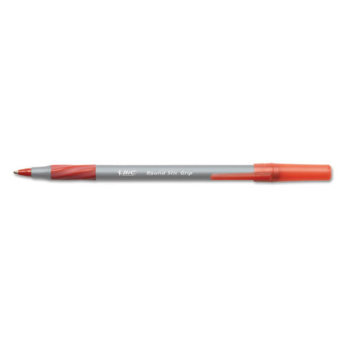 Image of BIC® Round Stic Grip Xtra Comfort Ballpoint Pen, Easy-Glide System, Stick, Medium 1.2 mm, Red Ink, Gray/Red Barrel, Dozen