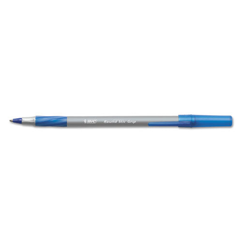 Image of BIC® Round Stic Grip Xtra Comfort Ballpoint Pen, Stick, Fine 0.8 Mm, Blue Ink, Gray/blue Barrel, Dozen