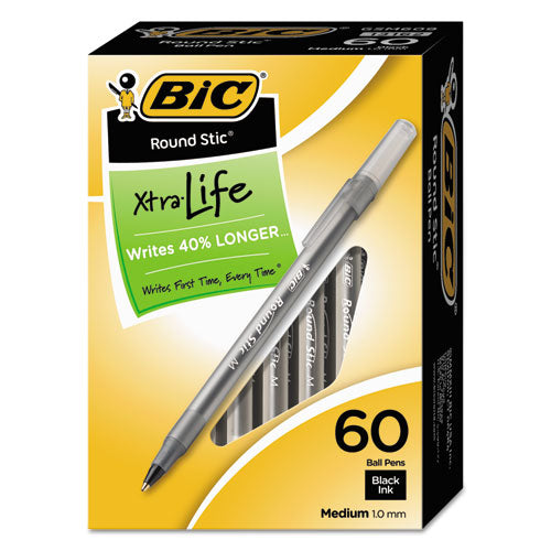 Image of BIC® Round Stic Xtra Life Ballpoint Pen Value Pack, Stick, Medium 1 mm, Black Ink, Translucent Frost Barrel, 60/Box
