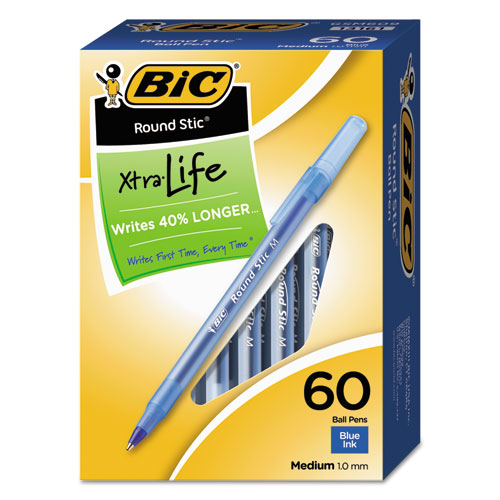 Image of BIC® Round Stic Xtra Life Ballpoint Pen Value Pack, Stick, Medium 1 Mm, Blue Ink, Translucent Blue Barrel, 60/box