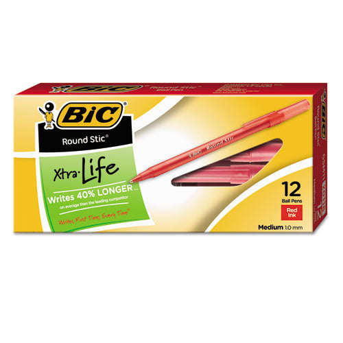 Image of BIC® Round Stic Xtra Life Ballpoint Pen, Stick, Medium 1 Mm, Red Ink, Translucent Red Barrel, Dozen