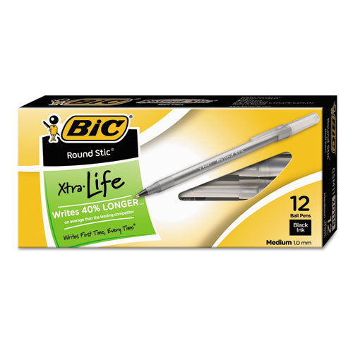 Image of BIC® Round Stic Xtra Life Ballpoint Pen, Stick, Medium 1 mm, Black Ink, Translucent Black Barrel, Dozen
