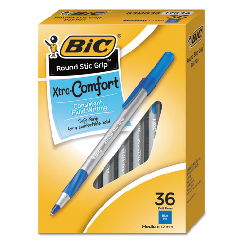 Image of BIC® Round Stic Grip Xtra Comfort Ballpoint Pen Value Pack, Easy-Glide, Stick, Medium 1.2 Mm, Blue Ink, Gray/blue Barrel, 36/pack