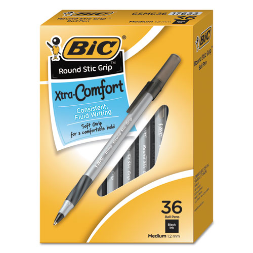 Image of BIC® Round Stic Grip Xtra Comfort Ballpoint Pen Value Pack, Easy-Glide, Stick, Medium 1.2mm, Black Ink, Gray/Black Barrel, 36/Pack
