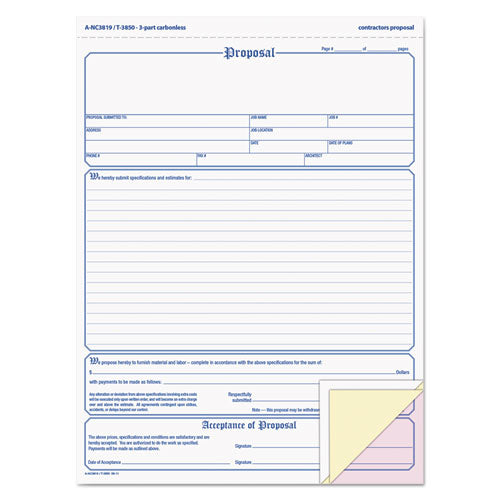 Image of Adams® Contractor Proposal Form, Three-Part Carbonless, 8.5 x 11.44, 50 Forms Total
