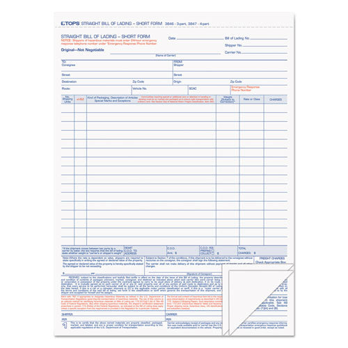 Image of TOPS Bill of Lading, Three-Part Carbonless, 8.5 x 11, 50 Forms Total