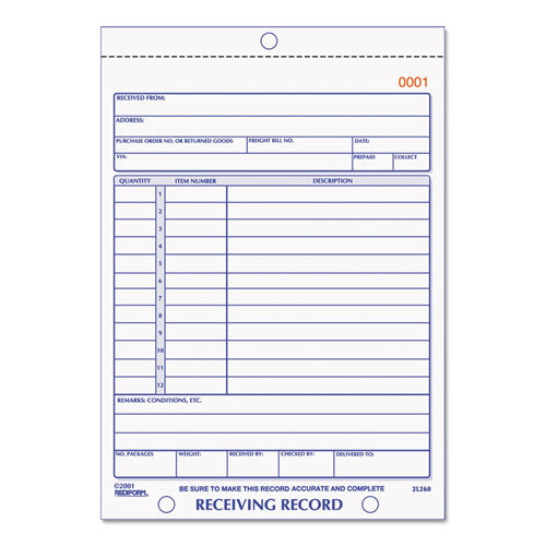 Image of Rediform® Receiving Record Book, Three-Part Carbonless, 5.56 x 7.94, 50 Forms Total