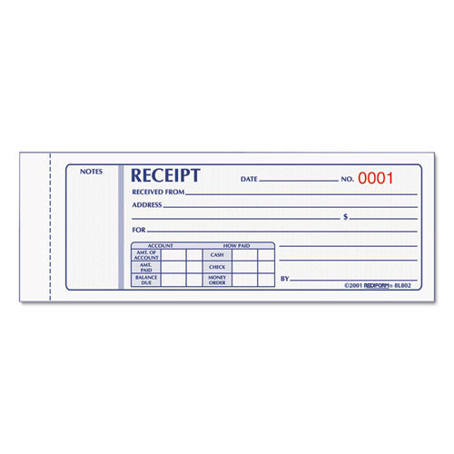Image of Rediform® Receipt Book, Three-Part Carbonless, 7 x 2.75, 4 Forms/Sheet, 50 Forms Total