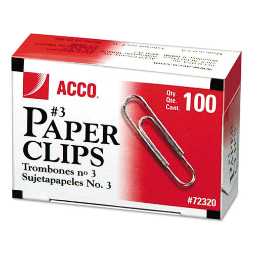 Image of ACCO Paper Clips, #3, Smooth, Silver, 100 Clips/Box, 10 Boxes/Pack