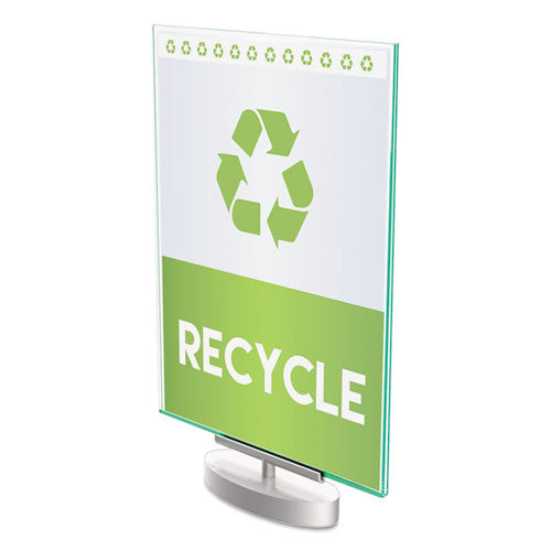 Image of deflecto® Superior Image Swivel Sign Holder w/Green Edge, 8.5 x 11 Insert, Silver Base